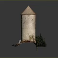 Ancient Stone Tower Architectural Structure On Rock Base With Small Trees 3d model