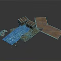 Detailed Construction Scene Components With Wooden Boxes Blue Fabric And Textured Planks