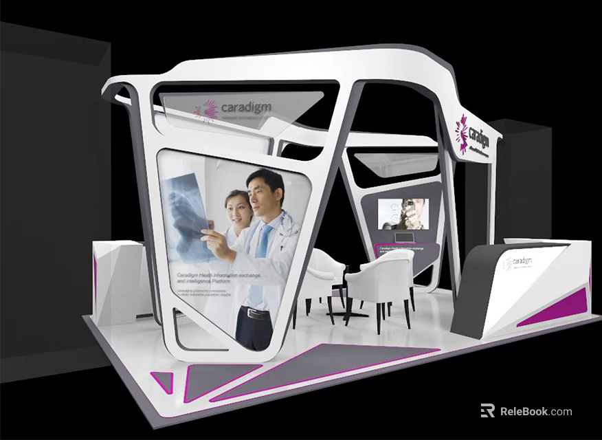 Sanatem Modern Exhibition Booth Design With Medical Display Seating And Purple Accents 3d model 