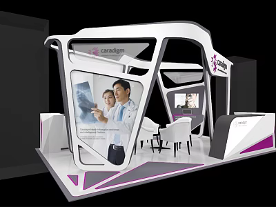 Sanatem Modern Exhibition Booth Design With Medical Display Seating And Purple Accents 3d model