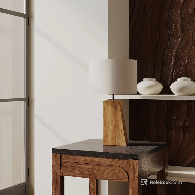 Modern Table Lamp With Wooden Base White Shade On Dark Countertop And White Vases 3d model 