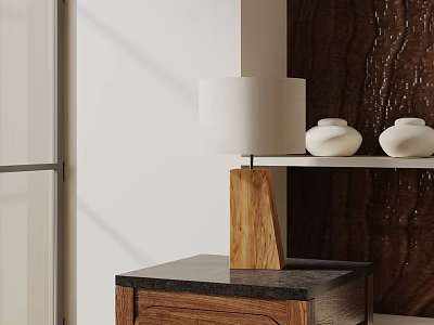 Modern Table Lamp With Wooden Base White Shade On Dark Countertop And White Vases 3d model