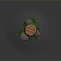 Rustic Wooden Barrel Decorative Item with Stones and Green Plants for Home Decoration