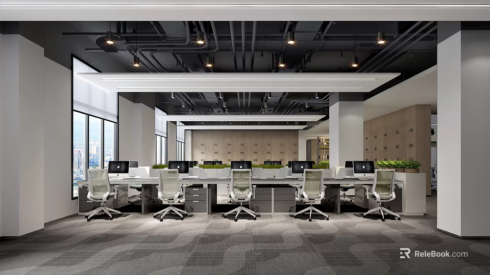 Modern Public Office Space with Desks Computers Ergonomic Chairs Large Windows and Ceiling Lights 3d model