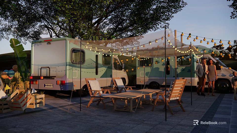 Evening RV Camping Scene With String Lights Outdoor Table Chairs And Trees 3d model 