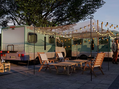 Evening RV Camping Scene With String Lights Outdoor Table Chairs And Trees 3d model