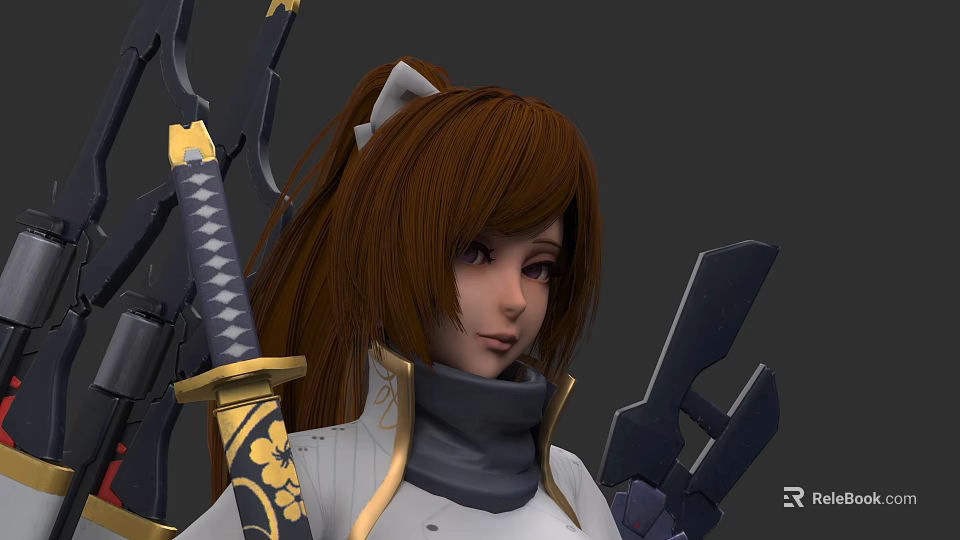 Game Movie Character With Brown Long Hair Ponytail White Bow Golden Decorated Outfit And Sword 3d model 