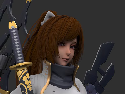 Game Movie Character With Brown Long Hair Ponytail White Bow Golden Decorated Outfit And Sword 3d model