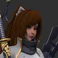 Game Movie Character With Brown Long Hair Ponytail White Bow Golden Decorated Outfit And Sword