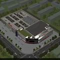Modern Commercial Street Retail Complex With Parking Lot Surrounding Roads And Greenery