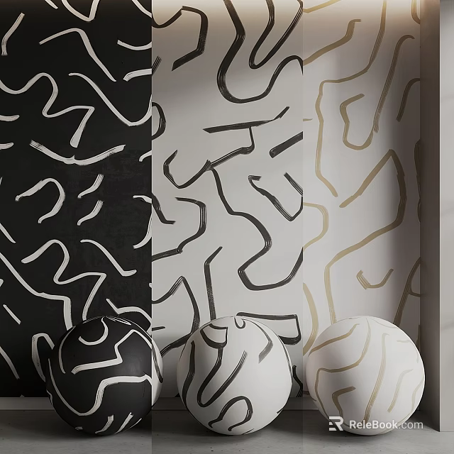 Elegant Modern Components with Geometric Lines Black White Gold Wall Decor and Spherical Ornaments 3d model 