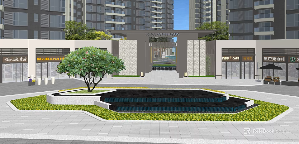 Building Facade Of Modern High Rise Residential With Stone Walls Fountain And Greenery 3d model 