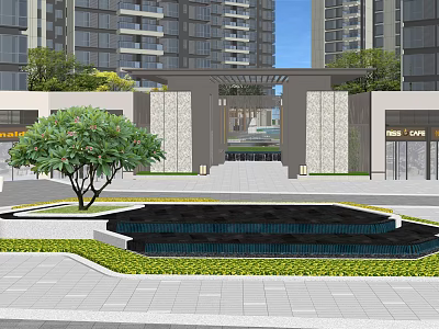 Building Facade Of Modern High Rise Residential With Stone Walls Fountain And Greenery 3d model