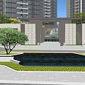 Building Facade Of Modern High Rise Residential With Stone Walls Fountain And Greenery