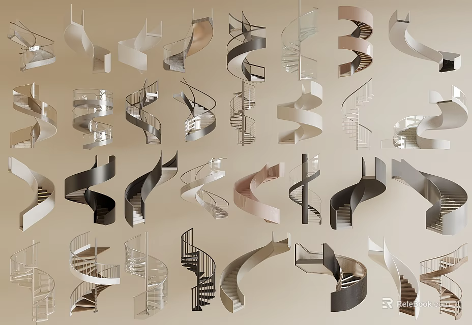 Modern Spiral Staircase Design With Various Styles Metal Railings And Wooden Steps 3d model 