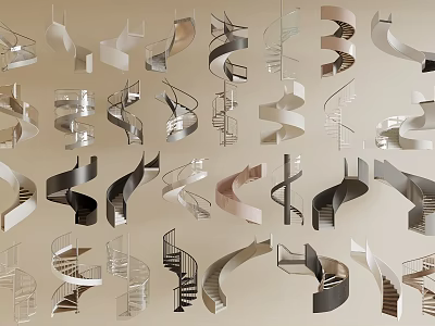 Modern Spiral Staircase Design With Various Styles Metal Railings And Wooden Steps 3d model