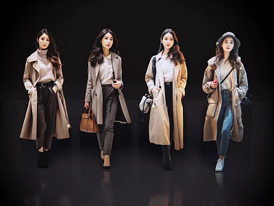 Four Women Showcasing Stylish Coat Outfits With Handbags And Casual Pants 3d model