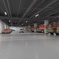 Indoor Modern Parking Garage with Fire Trucks Cars White Floor Markings and Ceiling Lights