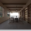 Elegant Chinese Style Room With Wooden Shelves Table Chairs Pendant Lights And Green Plant