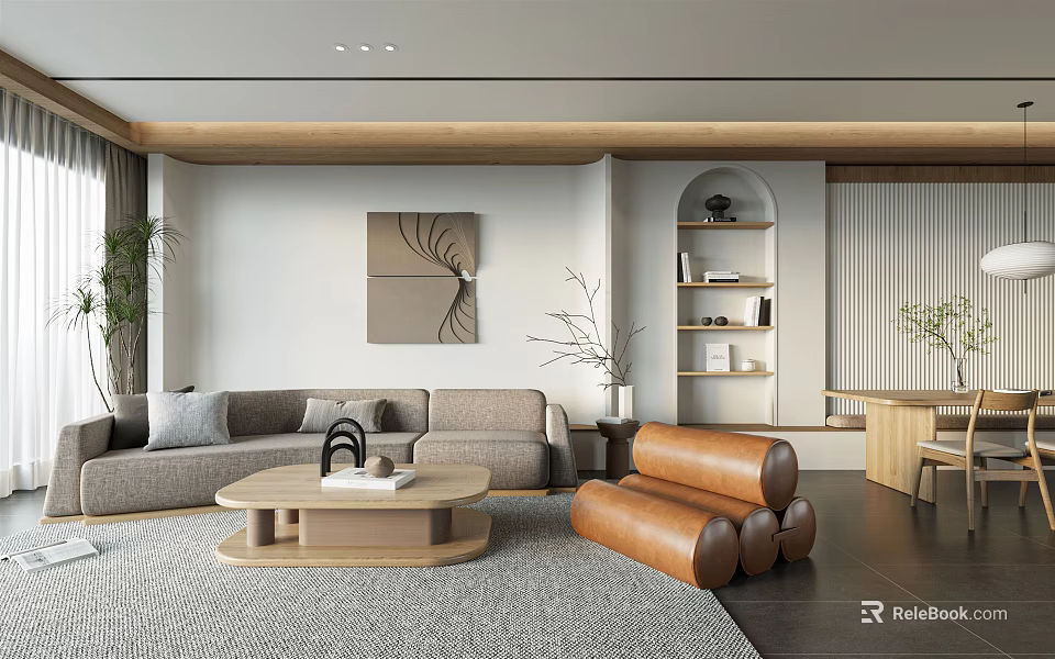 Modern Living and Dining Room Interior With Sofa Coffee Table And Decorative Painting 3d model 