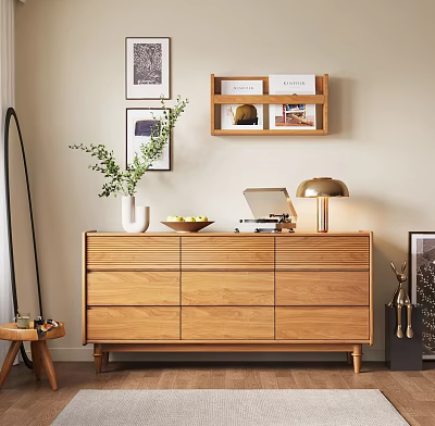 Modern Wooden Console Sideboard Cabinet With Table Lamp Potted Plant And Books 3d model