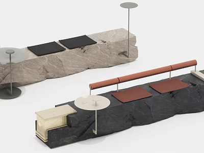 Modern Landscape Seats With Stone Base Brown Cushions And Round Side Tables 3d model