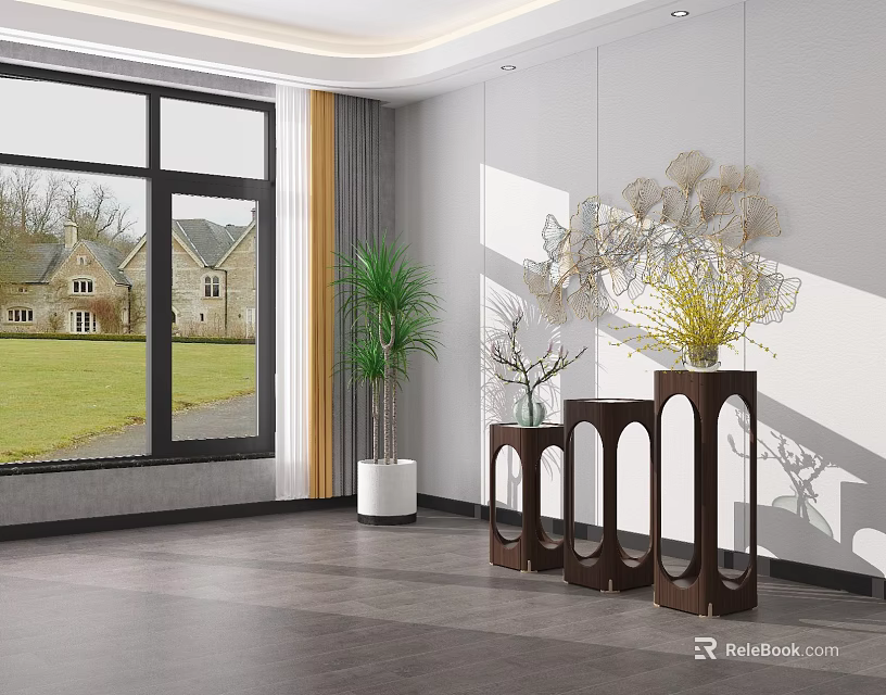 Elegant Modern Indoor Plant Stands With Potted Plants By Window In Home Interior 3d model 