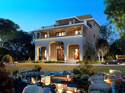 Elegant Detached Villa Two Story with Lush Greenery Lawn Water Pond Stone Pathway and Lighting 3d model