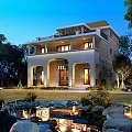 Elegant Detached Villa Two Story with Lush Greenery Lawn Water Pond Stone Pathway and Lighting