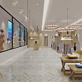 Elegant Clothing Store With Circular Chandeliers Herringbone Floor Large Windows And Clothes On Racks