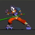Game Movie Character With Purple Hair Twin Tails Red Pants Green Staff And Stone Slab Base