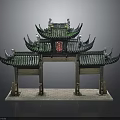 Traditional Chinese Archway Structure With Green Tiled Roof Curved Eaves And Red Ornament
