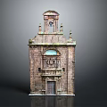 Antique Stone Building Model With Arched Windows And Decorative Top Details