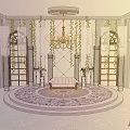 Religious Worship Space With Circular Platform Sofa Columns Chandelier And Green Plants