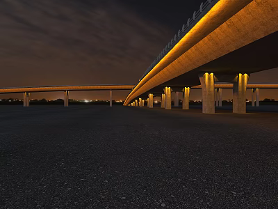 Modern Bridge Night View Illuminated with Yellow Lights and Concrete Pillars Under Open Road 3d model