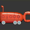 Red Cartoon Style Toy Vehicle With Round Windows White Wheels And Blue Centers