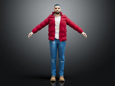 Man in Red Puffer Jacket White T-shirt Blue Jeans With Arms Outstretched on Dark Background 3d model