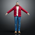 Man in Red Puffer Jacket White T-shirt Blue Jeans With Arms Outstretched on Dark Background