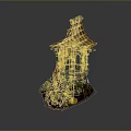 Ancient Ruined 3D Tower Model With Wooden Roof Stone Stairs And Glowing Lights