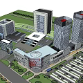 Modern Commercial Complex With High Rise Buildings Shopping Mall And Parking Lot