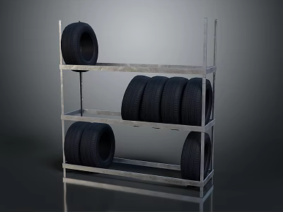 Car Tires Stored On Metal Shelving Rack With Multiple Layers 3d model