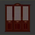 Red Wooden Cabinet with Glass Doors Ornate Top and Decorative Paneled Design