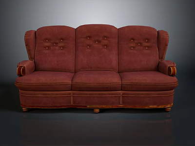 Red Three Seater Sofa With Tufted Back And Wooden Frame Design 3d model