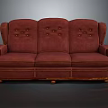 Red Three Seater Sofa With Tufted Back And Wooden Frame Design 3d model