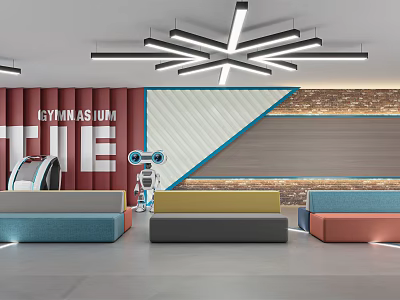 Modern Gymnasium Interior Design With Fitness Equipment Robot And Colorful Sofas 3d model