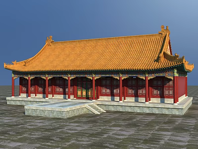 Traditional Chinese Ancient Architecture With Orange Tiled Roof Red Pillars And Stone Steps 3d model