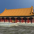 Traditional Chinese Ancient Architecture With Orange Tiled Roof Red Pillars And Stone Steps