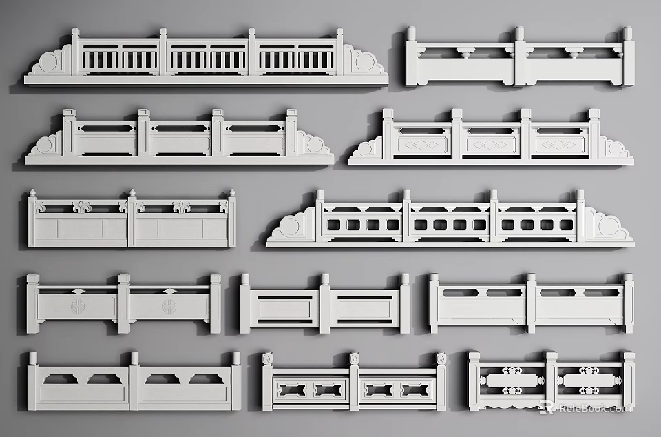 Various Decorative Fence Designs Featuring Ornate Railings And Intricate Panel Patterns 3d model