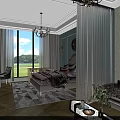 Modern Elegant Bedroom Interior with Baby Crib Chandelier TV Vanity Soft Curtains and Patterned Rug