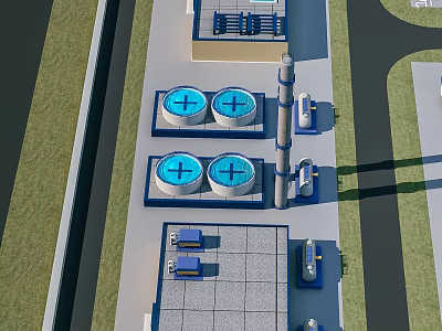 Industrial Factory Exterior With Large Storage Tanks Tall Chimney And Roof Equipment 3d model